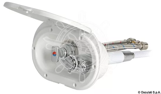 Osculati Oval White Door Boat Shower with Mizar Mixer and Push-Button Shower Head 185x131 mm with Net PVC Hose 2,5 meter - 15.240.01